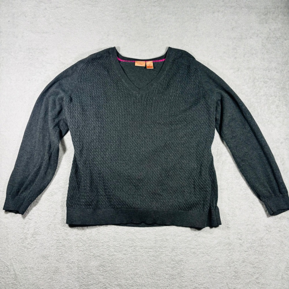 NorthCrest V-Neck Sweater Womens Plus 2X Gray Textured Knit Raglan Sleeve